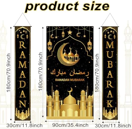 Preboun 3 Pcs Hanging Banner LED Decoration Set 71 x 35.4/11.8 Inch Lighted Backdrop and Porch Sign for Outside Outdoor Decor(Eid Mubarak) - Image 3
