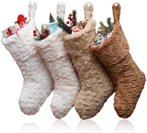 4 Pcs 21 Inch Neutral Personalized Christmas Stockings Bulk with Name Tags, Large Plush Rustic Farmhouse Xmas Stocking Modern Brown Decor for Fireplace Holiday Family(White Beige Camel Light Brown) by Unknown