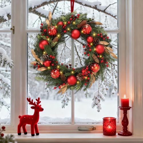 24 inch Christmas Wreath, Christmas Wreath for Front Door, Christmas Door Wreath Decor for Xmas Indoor Outdoor Holiday Decor (Red Ball) - Image 3