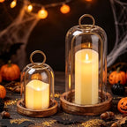 Set of 2 Versatile Vintage Brass Metal Candle Holder with Handmade Sturdy Glass Dome and Natural Wooden Base for Pillar Candle & Plants, Industrial, Farmhouse, Shabby Chic, Display Cloche Bell Jars - Image 3