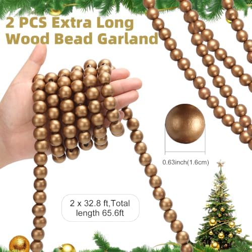 ZenNex 65.6Ft Christmas Wooden Bead Garland 2 Pcs Long Bead String,Deepgold - Image 2