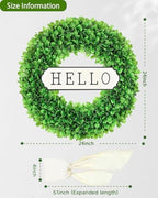 DDHS 23 Inch Large Boxwood Wreath for Front Door, Round Artificial Spring Summer Greenery Wreath with Hello Sign & Sash, Green Wreaths for Farmhouse Wedding Year Round Indoor Outdoor Home Decor - Image 2