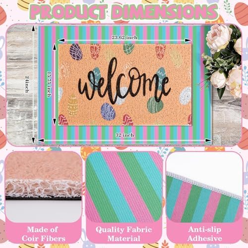 2 Pcs Easter Doormat Outdoor Entrance Colorful Eggs Welcome Door Mat Non Slip Coir Mats Floor Striped Doormat Layering Mat Seasonal for Easter Indoor Front Porch Entryway Decor 23.6 x 31.5 Inch - Image 3