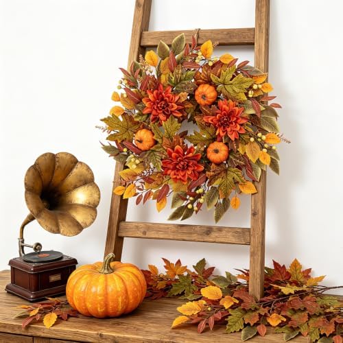 Fall Wreath for Front Door, 25inch Autumn Door Wreath with Pumpkin, Dahlia, Berries, Eucalyptus Leaves for Indoor Outdoor Wall Window Thanksgiving Harvest Festival - Image 5