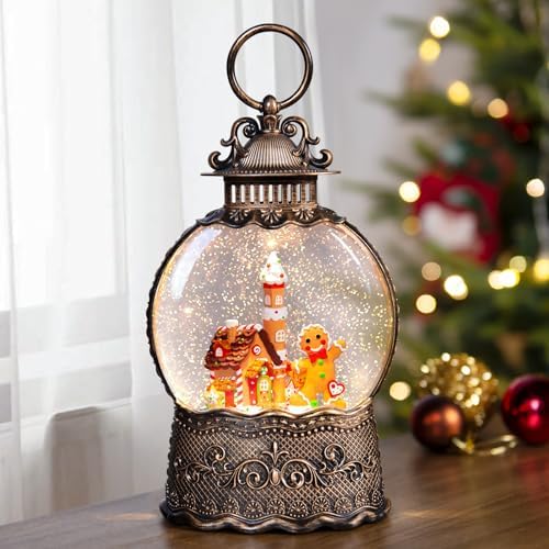 Christmas Snow Globes Lantern, Gingerbread Man Musical Snow Globes with Swirling Glitter Effects, USB/Battery Powered with 6-Hour Timer, Christmas Decorations by COZYPAVILION
