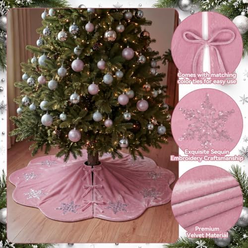 Hollowfly Dusty Pink Velvet Christmas Tree Skirt with Sequin Snowflake 48'' - Image 3