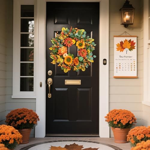 Fall Wreaths for Front Door 24 Inch Autumn Wreath with Sunflowers, Orange Dahlias, Maple Leaves & Berries – Fall Door Wreath for Outdoor or Indoor Thanksgiving Decor - Image 2