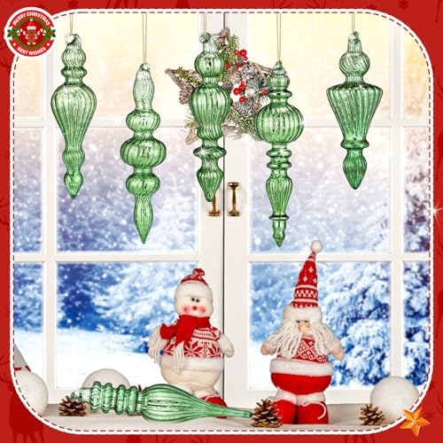 Soaoo 6 Pcs 6.3 in Dark Green Mercury Glass Finial Christmas Ornaments - Image 3