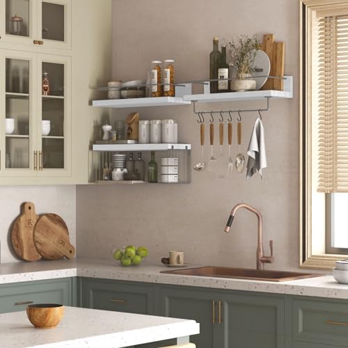PopiShelves Bathroom Shelves Over Toilet for Wall, Floating Shelves with Storage Basket Paper Holer for Kitchen Living Room, Bedroom & Classroom, Set of 3 (White and Grey) - Image 2