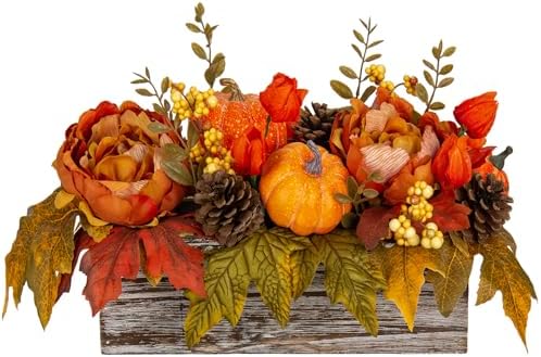DILATATA Fall Decor Autumn Harvest Pumpkins Centerpiece - Artificial Peony Maple Leaf and Pinecones Arrangement in Rectangle Wooden Box for Thanksgiving Party Mantel Fall Decor by DILATATA