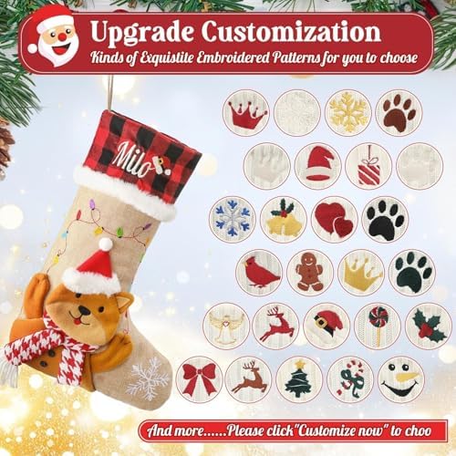 Personalized Christmas Stockings with Embroidered Name & Monogram,Custom 3D Xmas Character Stocking,18” Large,Santa,Snowman,Reindeer,Dog,Cat Fireplace Hanging Burlap Plaid Stockings(3 Pack) - Image 5