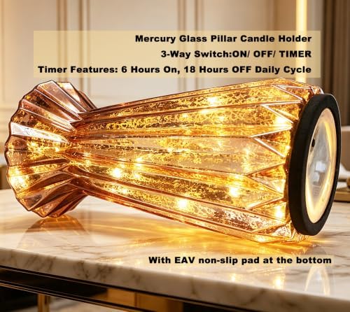 Home Decor, Mercury Glass Pillar Candle Pedestal Holders with led Lights, Lighted up Candle Holder for Pillar Candle, Glass Candlestick Holders with Timer for Wedding Dining Table Xmas (Rosegold) - Image 4