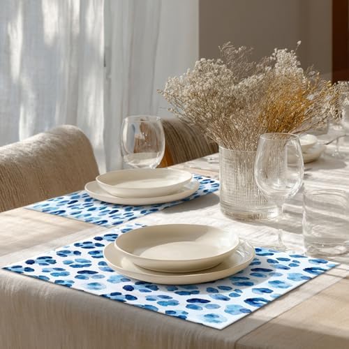 Shrahala Navy Blue Set of 6 12 X 18 Inch Linen Placemats, Watercolor Stains Burlap Table Mat Washable Double Layered Heat Insulation for Indoor/Outdoor - Image 4