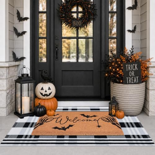 Halloween Welcome Door Mat Combo Set, Skeletal Hand Coco Coir Doormat -3'*5' Black and White Striped Rug, Autumn Front Porch Entryway Decor Floor Mat - Image 3