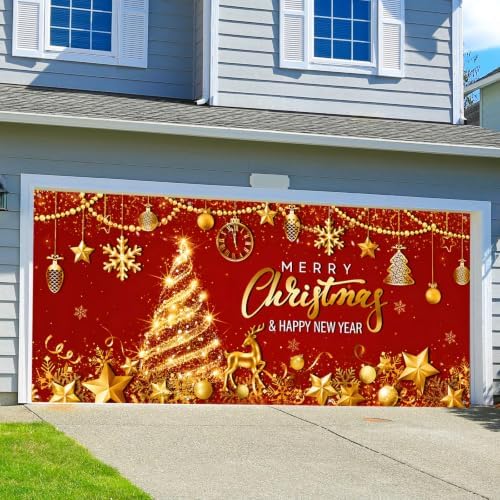 Tiamon Christmas Garage Door Cover Banner 7x16 ft Outdoor Xmas, Red Gold - Image 6