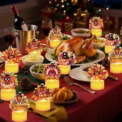 12 PCS Turkey Tea Lights Candles Thanksgiving Table Decorations, LED Flameless Tealight Candles Battery Operated Thanksgiving Decorations Centerpieces Turkey for Table Home Indoor Party Decor Gifts - Image 5