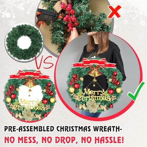 Christmas Wreaths for Front Door, Artificial Christmas Wreath with Bow, Bells, Berries, Gold Flowers and Holiday Decor Sign, Winter Wreaths for Fireplace, Windows, Wall Decor(20 Inches) - Image 5