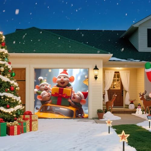 Christmas Garage Door Banner – Winter Scene with Cute Little Mouse, Cheese, Cars & Snow Decorations, Large Waterproof Reusable Outdoor Holiday Mural for Xmas Decorations,C,8 x 7ft/2.4 x 2.1m - Image 5