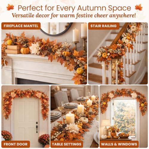 6 FT Fall Garland with Lights, Autumn Maple Leaf Garland with Pumpkins, Pine Cones and Floral Accents, Mantel Fireplace Decor for Thanksgiving, Table, Staircase and Home - Image 4