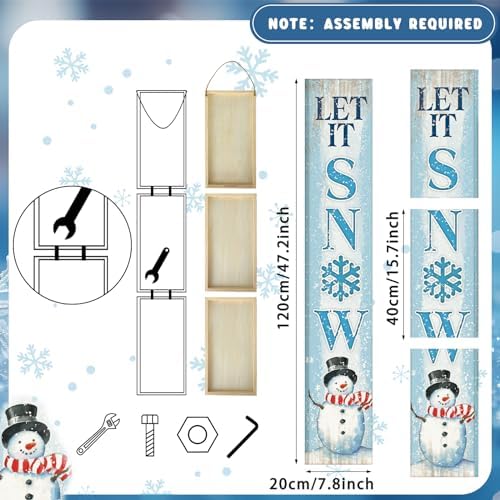 Menkxi Winter Snowman Porch Sign Blue Wooden Door Sign Let It Snow Porch with Snowflake Standing or Hanging Winter Sign for Indoor Outdoor Home Farmhouse Yard Decoration, 8 x 47 Inch - Image 2