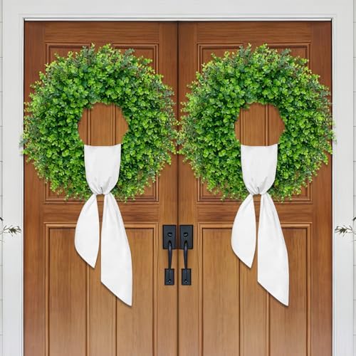28'' Large Boxwood Wreaths Front Door Artificial Green Spring Wreath with Sash Wreaths for Front Door Farmhouse Greenery Year Round Outdoor Indoor for Summer Wreath St Patricks Day Decoration - Image 5