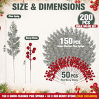 200 Pcs Artificial Christmas Snow Pine Branch with Red Berry Stems - Image 2