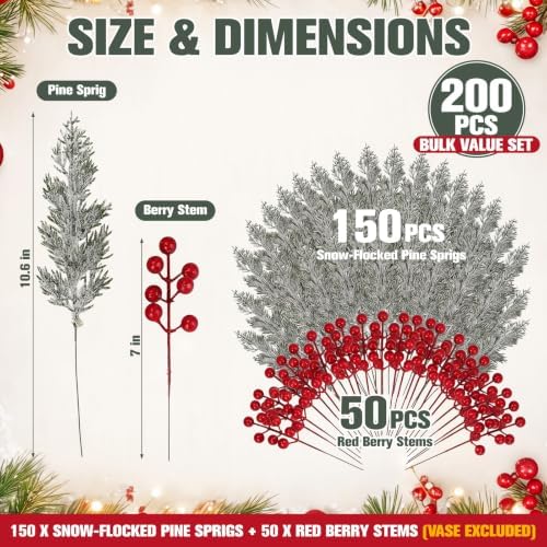 200 Pcs Artificial Christmas Snow Pine Branch with Red Berry Stems - Image 2