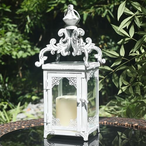 Large Candle Lantern, Decorative Hanging Lantern, Vintage Metal Tabletop Lantern for Outdoor Patio Rustic Home Decor, Candle Holders with Clear Glass (White) by DECORKEY