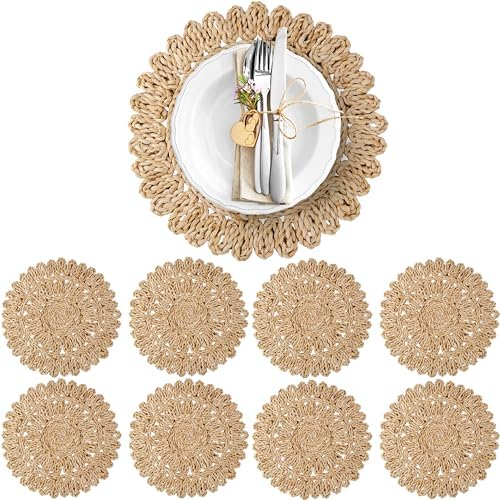 13.8" Set of 8 Corn Husk Woven Round Placemats by DaiVuCrafts by DaiVuCrafts