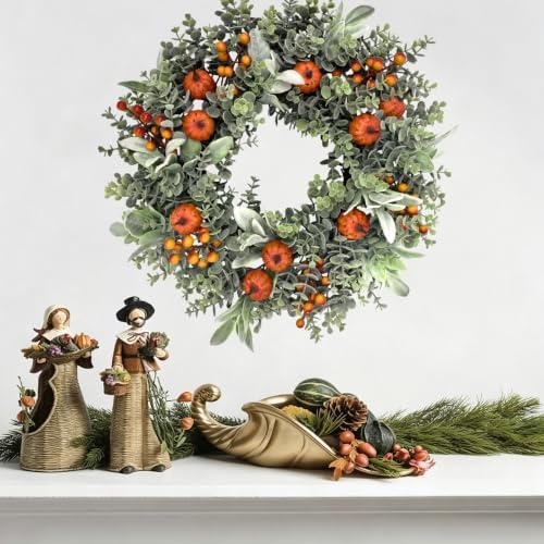 20-22" Fall Eucalyptus Wreath with Pumpkin, Front Door Farmhouse Home Decor - Image 7