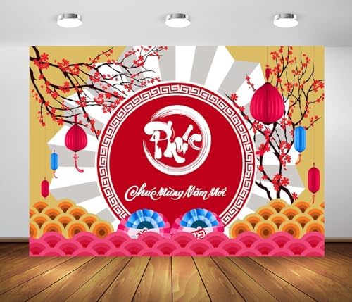 BELECO 8x6ft Fabric Happy Vietnamese New Year Backdrop TET Decorations Cherry Blossoms Lanterns Lunar New Year Background Asian New Year Party Decorations Holiday Photoshoot Studio Props by BELECO