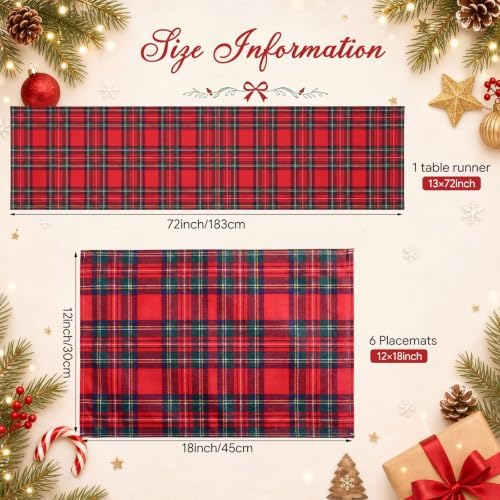 7 Pcs Christmas Tartan Plaid Table Runner and Placemat Set, Red - Image 2