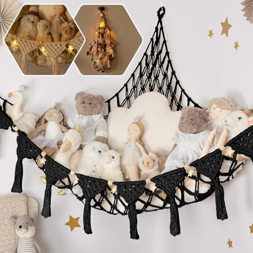 TIDYTEDS Macrame DreamLights Boho Stuffed Animal Storage Net Hammock Extra Large Plush Toy Storage Holder For Small Or Large Plushies BLACK by TIDYTEDS