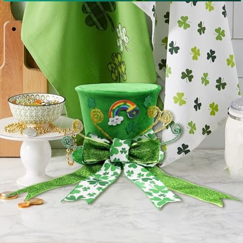 nuvagiki St. Patrick's Day Tree Topper Hat, Green Velvet Top Hat Tree Topper with Shamrock Ribbon Bow, St. Patrick's Tree Tooper Ornaments Decorations for Home Indoor, St. Patrick's Day Gifts - Image 6