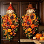 2 PCS Fall Scarecrow Teardrop Front Door Swag Wreath with Sunflower Pumpkin - Image 2