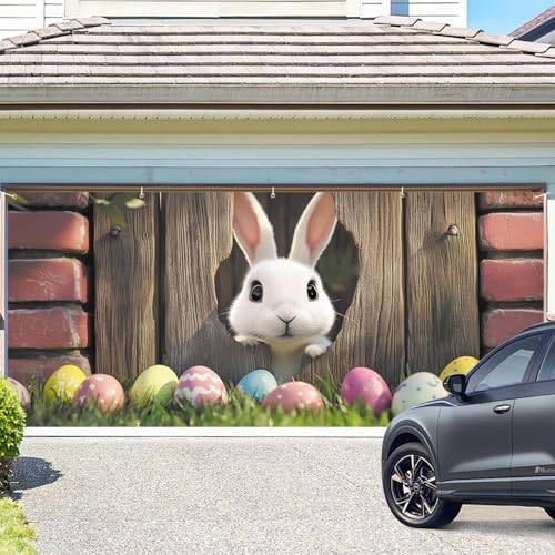 ANNA QUEEN Easter Bunny Peeking Through Fence Garage Door Banner 7x16FT, Cute Bunny Colorful Eggs Garage Door Cover, Outdoor Spring Decoration for Easter & Holiday Season - Image 2