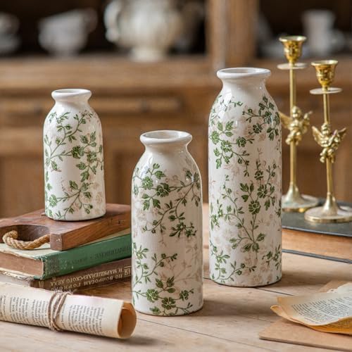 Teweiqi Vintage Vase Set of 3, Ceramic Flower Vases Chinoiserie Decor, Rustic Farmhouse Vases Retro Decorative Vases, for Home Living Room Kitchen Table Mantle Shelf Decor - Green and White - Image 6