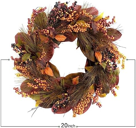 TEMPUS 20 inch Thanksgiving Wreath Magnolia Leaves with Pine Needle Yellow Berry Wreath for Front Door Harvest Festival Decor Window Wedding Autumn Outdoor Indoor Décor - Image 3