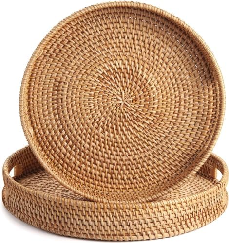 2 Pack Round Rattan Tray, Hand Woven Serving Tray with Handles, Wicker Serving Basket, Decorative Tray for Home Decor, Natural (11.8 + 14 inch) - Image 2
