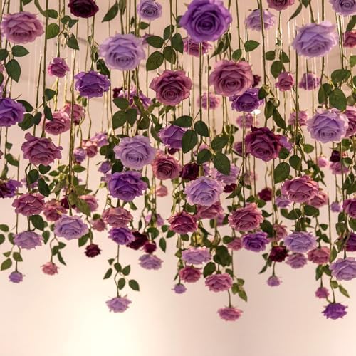 Lyrow 60 Pack Lavender Purple Artificial Flower Hanging Ornaments Purple Roses Floating Garland Moody Vintage Mauve Wedding Lilac Boho Cottagecore Ceiling Garland Bridal Shower Bouquet Table Decor by Lyrow