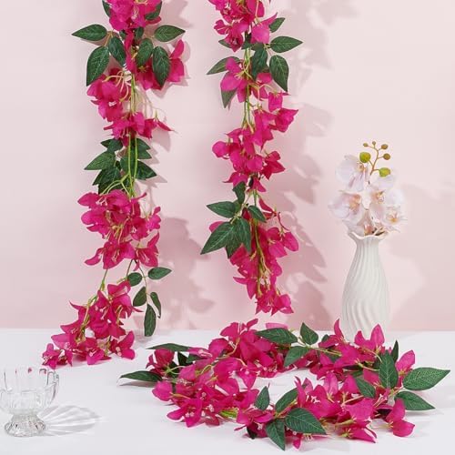 6 Pcs 33.6 Ft Artificial Bougainvillea Flowers Garland Faux Bougainvillea Magenta Flower Vines Magenta Table Runner Wedding Flower Arch Holiday Decorations - Image 5