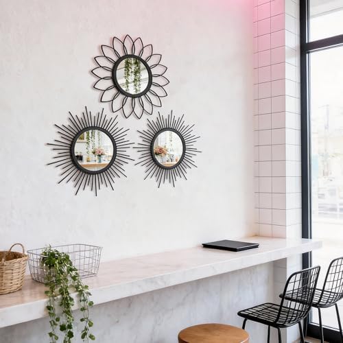 Set of 3 Black Metal Sunburst Wall Mirrors - 12" Round Decorative Art for Living Room Bedroom Bathroom Entryway, No Assembly Required, Rust Resistant Design - Image 7