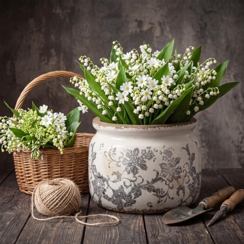 7.7" Large Ceramic Plant Pot Beige Gray Floral Vine Crackle Glaze Rustic Flowers Pot Decorative Planter with Drainage for Indoor Outdoor Plants Home Kitchen Office Decor Gift - Image 4