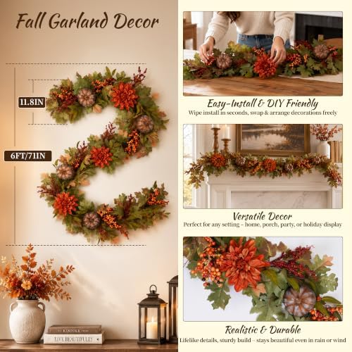 Grooy Fall Garland for Mantle, 6FT Pumpkin Maple Leaves Garland - Image 5