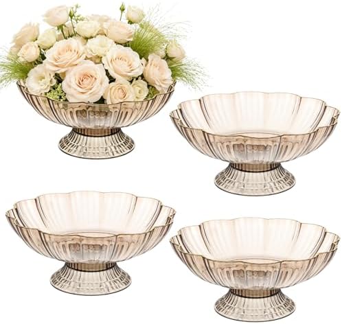 4 Pcs Plastic Compote Pedestal Flower Vase for Centerpieces, 9.72'' W x4.1''H Wedding Table Centerpieces Amber Decorative Bowl Vases with Gold Trim for for Wedding Home Party Decoration by Unknown