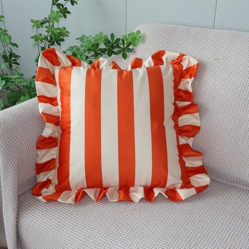 vctops Ruffle Square Throw Pillow Covers Boho Pink and Red Striped Decorative Pillowcases Set of 2, Soft Velvet Accent Cushion Cover Cases for Sofa Bed Living Room Decor (Orange Beige,18"x18") - Image 3
