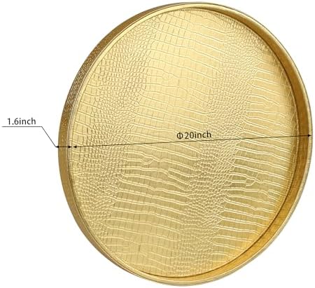 HofferRuffer Round Serving Tray 20'', Elegant Faux Leather Circle Ottoman Table Tray, Serve Tea Coffee Breakfast in Bedroom Living Room Kitchen (Gold, 20") - Image 2