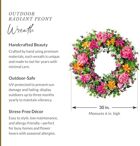 Balsam Hill Outdoor Radiant Peony Spring & Summer Wreath - 30" Premium UV-Protected Floral Door Wreath for Front Door, Patio, & Year-Round Outdoor Display - Image 3