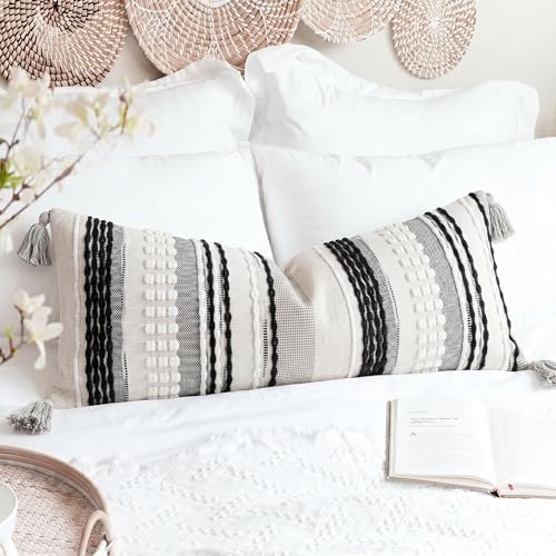 NUYECY Chenille and Cotton Long Pillow for Bed, Striped Textured Boho Lumbar Throw Pillow Cover 16x36, Neutral Accent Decorative Extra Long Body Pillow Case for Couch, Sofa, Bedroom, Black and White by NUYECY