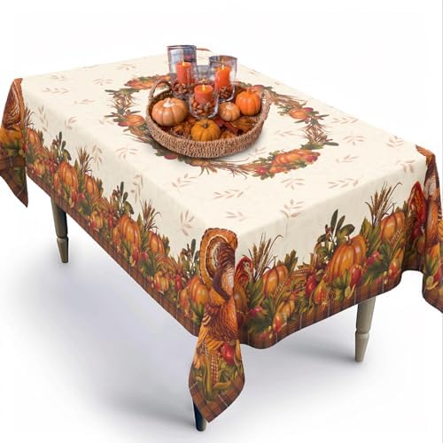 Thanksgiving Turkey Tablecloth Vintage Fall Pumpkin Table Cloth for Kitchen Decoration - 60" X 120" Rectangle/Oblong - Image 2